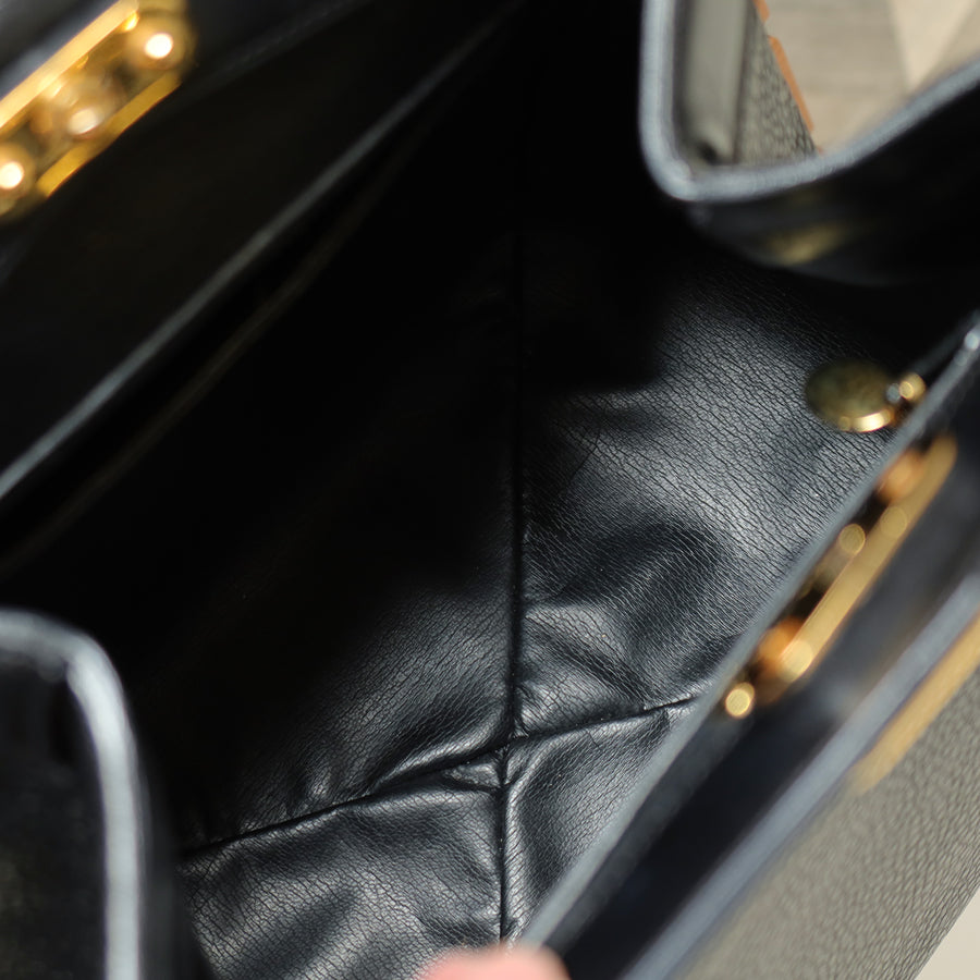 Rare Christian Dior Vintage Black Grained Leather Gold Turn lock 2way Shoulder Bag