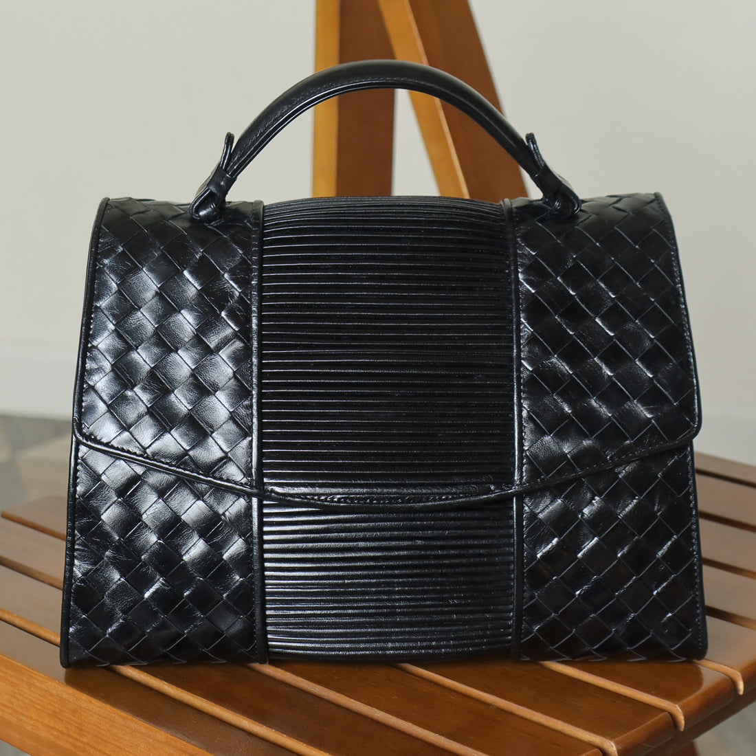 Bottega Veneta Vintage Black Glossy Leather Intrecciato Weave Top Handle Bag
