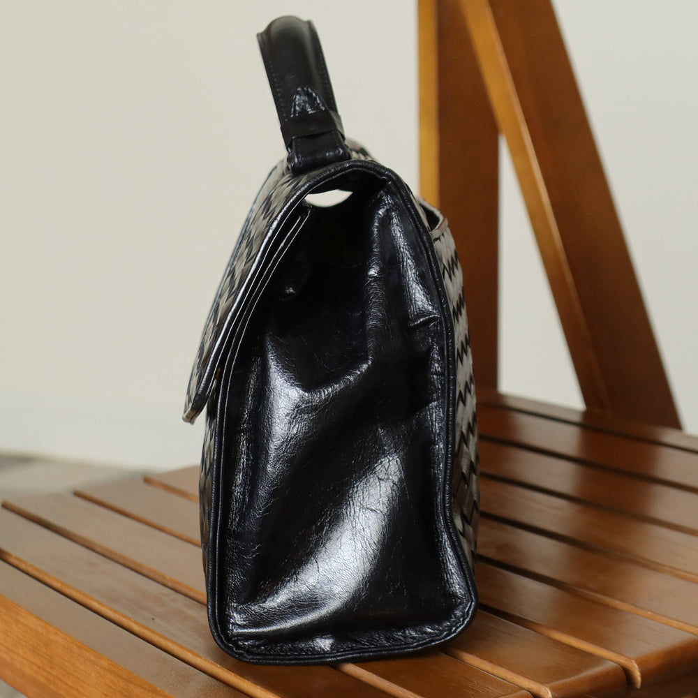 Bottega Veneta Vintage Black Glossy Leather Intrecciato Weave Top Handle Bag
