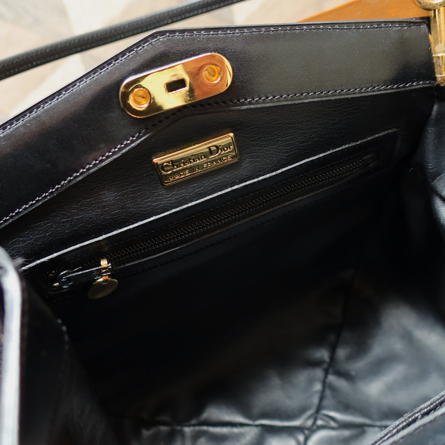 Rare Christian Dior Vintage Black Grained Leather Gold Turn lock 2way Shoulder Bag