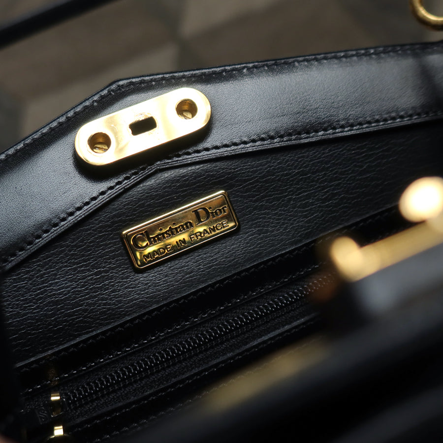 Rare Christian Dior Vintage Black Grained Leather Gold Turn lock 2way Shoulder Bag