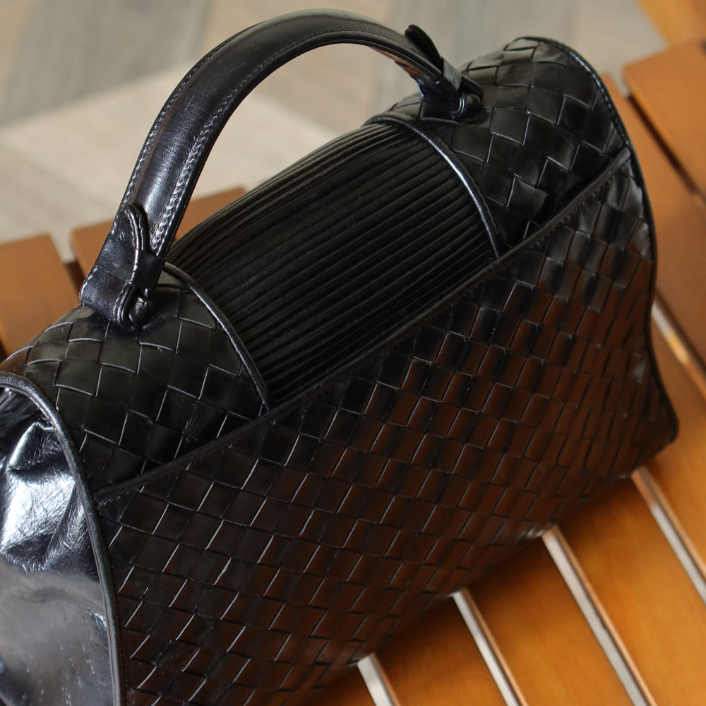 Bottega Veneta Vintage Black Glossy Leather Intrecciato Weave Top Handle Bag