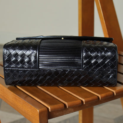 Bottega Veneta Vintage Black Glossy Leather Intrecciato Weave Top Handle Bag