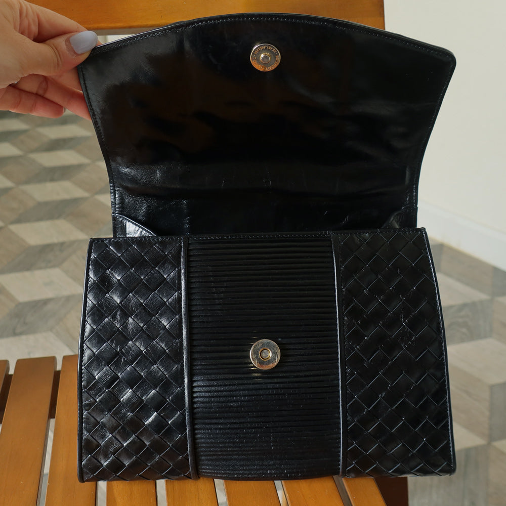 Bottega Veneta Vintage Black Glossy Leather Intrecciato Weave Top Handle Bag
