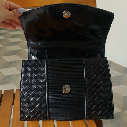 Bottega Veneta Vintage Black Glossy Leather Intrecciato Weave Top Handle Bag