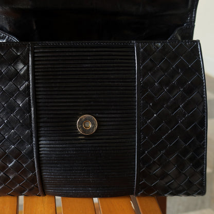 Bottega Veneta Vintage Black Glossy Leather Intrecciato Weave Top Handle Bag