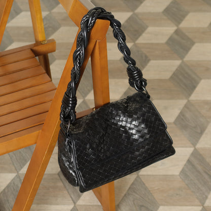 Bottega Veneta Vintage Black Intrecciato Twisted Strap Double Flap Shoulder Bag S