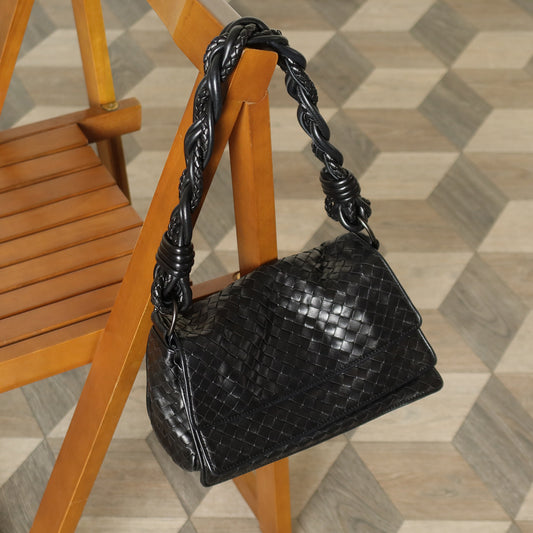 Bottega Veneta Vintage Black Intrecciato Twisted Strap Double Flap Shoulder Bag S