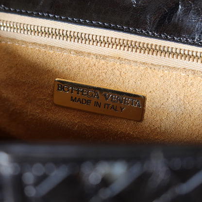 Bottega Veneta Vintage Black Glossy Leather Intrecciato Weave Top Handle Bag