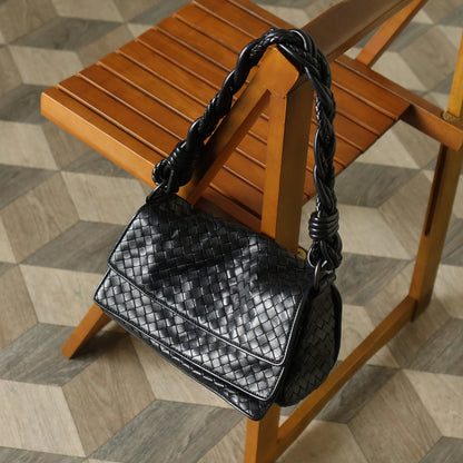 Bottega Veneta Vintage Black Intrecciato Twisted Strap Double Flap Shoulder Bag S
