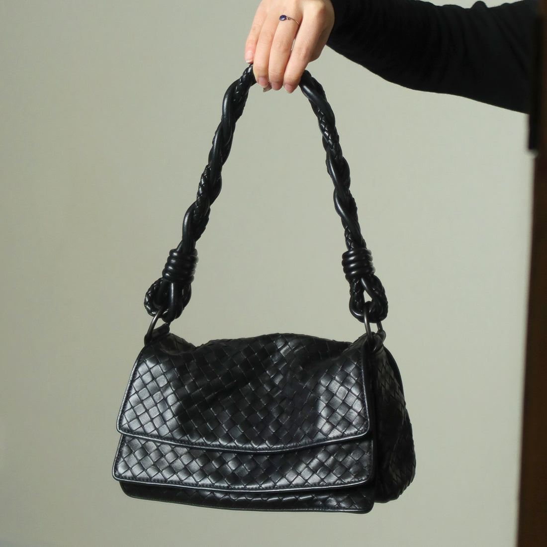 Bottega Veneta Vintage Black Intrecciato Twisted Strap Double Flap Shoulder Bag S