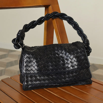 Bottega Veneta Vintage Black Intrecciato Twisted Strap Double Flap Shoulder Bag S