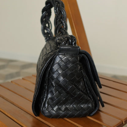 Bottega Veneta Vintage Black Intrecciato Twisted Strap Double Flap Shoulder Bag S