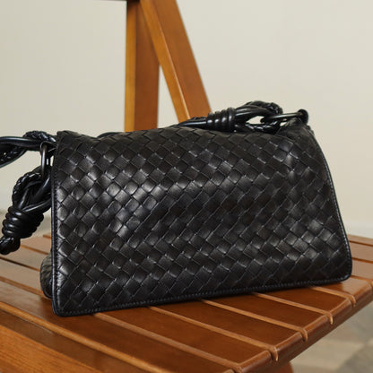 Bottega Veneta Vintage Black Intrecciato Twisted Strap Double Flap Shoulder Bag S