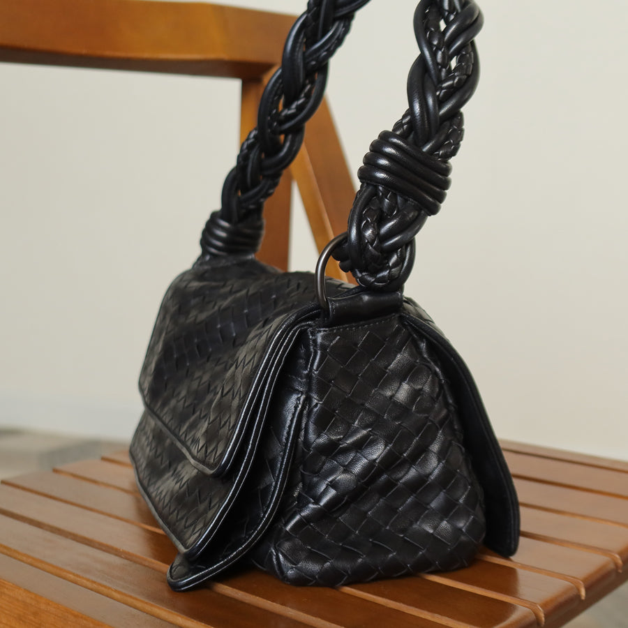 Bottega Veneta Vintage Black Intrecciato Twisted Strap Double Flap Shoulder Bag S
