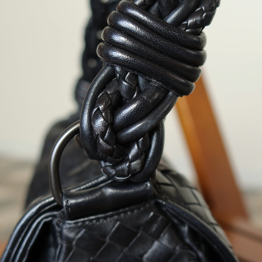 Bottega Veneta Vintage Black Intrecciato Twisted Strap Double Flap Shoulder Bag S