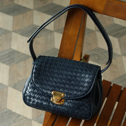 Bottega Veneta Vintage Dark Navy Intrecciato Gold turn lock 2way Shoulder Flap Bag