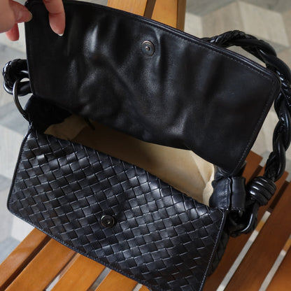 Bottega Veneta Vintage Black Intrecciato Twisted Strap Double Flap Shoulder Bag S