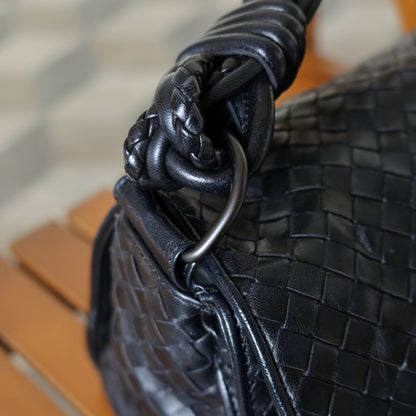 Bottega Veneta Vintage Black Intrecciato Twisted Strap Double Flap Shoulder Bag S