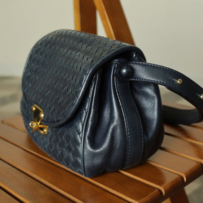 Bottega Veneta Vintage Dark Navy Intrecciato Gold turn lock 2way Shoulder Flap Bag