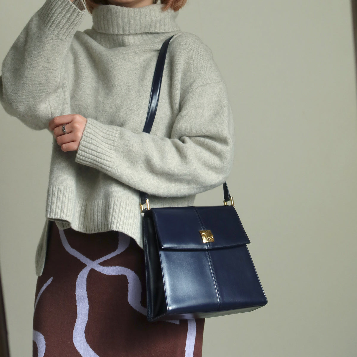 YSL Saint Laurent Vintage Dark Navy Glossy Leather 2way Top Handle Flap Bag