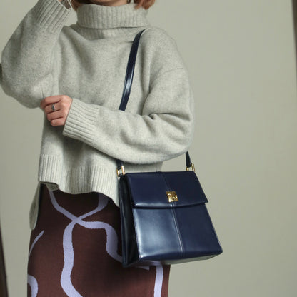 YSL Saint Laurent Vintage Dark Navy Glossy Leather 2way Top Handle Flap Bag