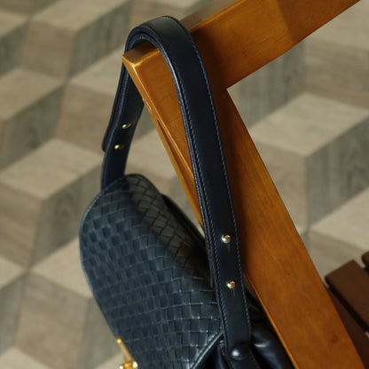 Bottega Veneta Vintage Dark Navy Intrecciato Gold turn lock 2way Shoulder Flap Bag