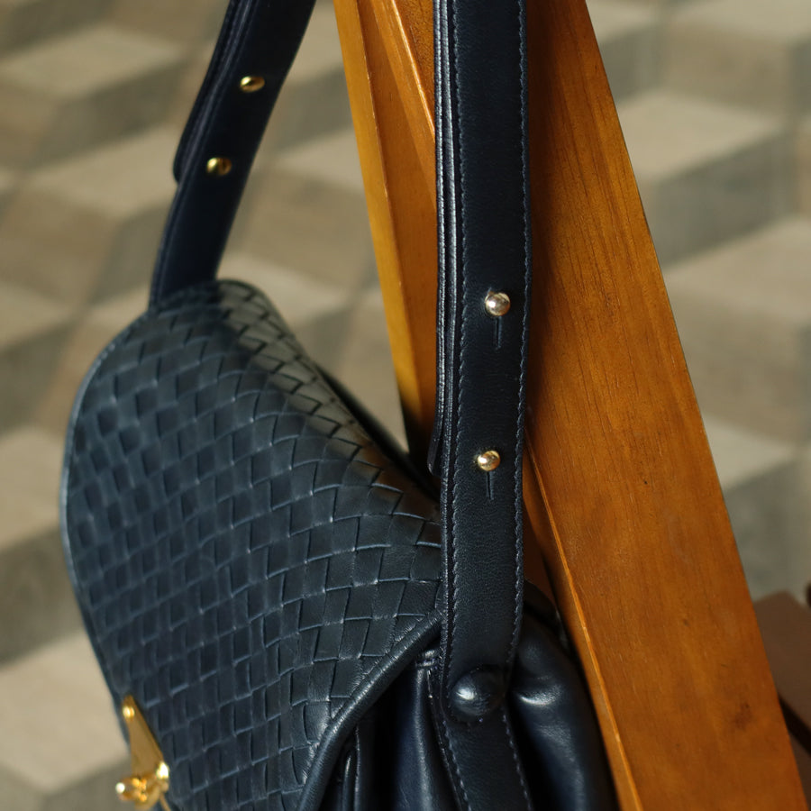 Bottega Veneta Vintage Dark Navy Intrecciato Gold turn lock 2way Shoulder Flap Bag