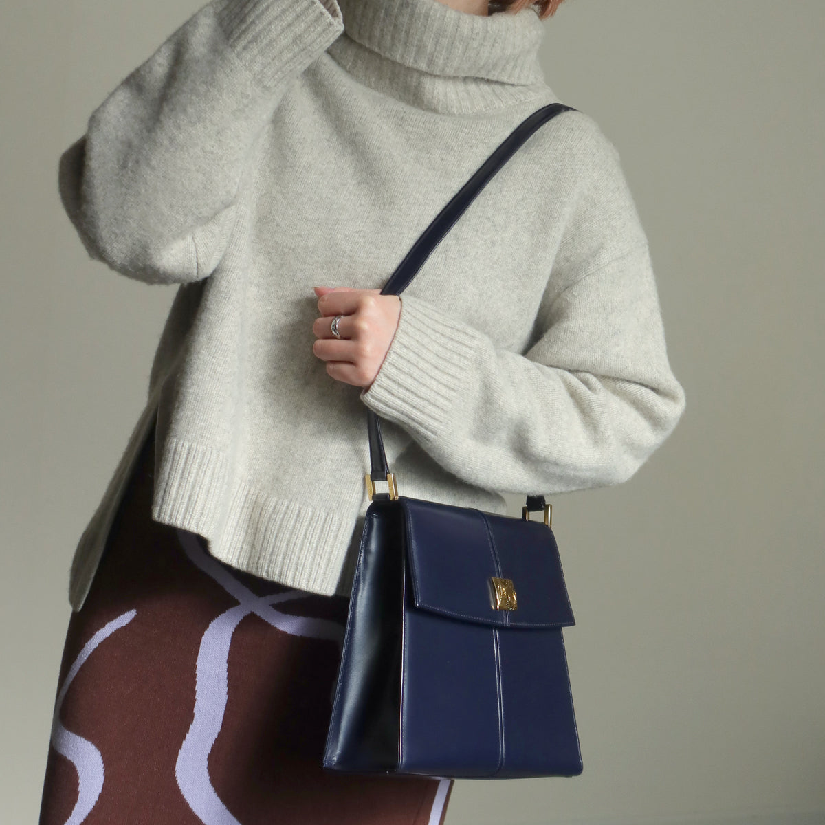 YSL Saint Laurent Vintage Dark Navy Glossy Leather 2way Top Handle Flap Bag