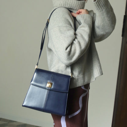 YSL Saint Laurent Vintage Dark Navy Glossy Leather 2way Top Handle Flap Bag