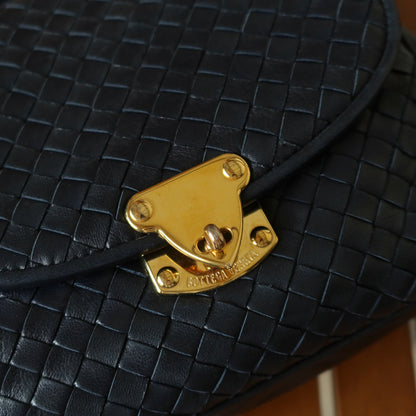 Bottega Veneta Vintage Dark Navy Intrecciato Gold turn lock 2way Shoulder Flap Bag