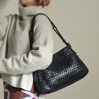 Rare Bottega Veneta Vintage Black Intrecciato knots Ring Strap Shoulder Bag