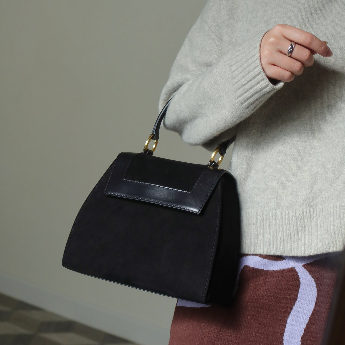 Celine Vintage Black Dual Leather Gold Ring Top Handle Shoulder Flap Bag