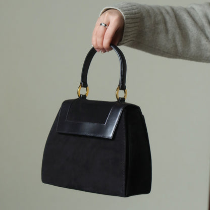 Celine Vintage Black Dual Leather Gold Ring Top Handle Shoulder Flap Bag