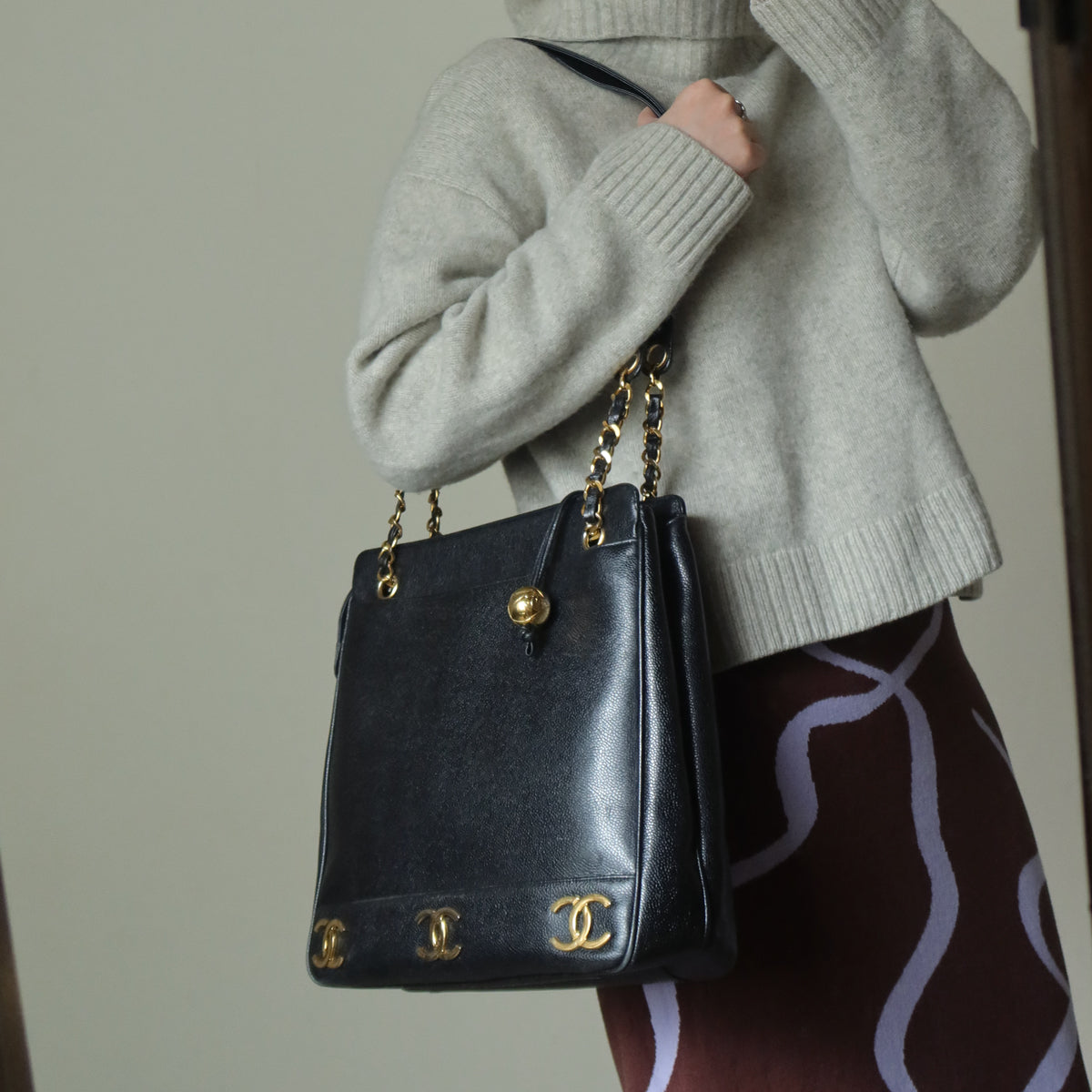 Vintage Chanel Black Caviar 24k Chain Triple CC mark Shoulder Tote Bag