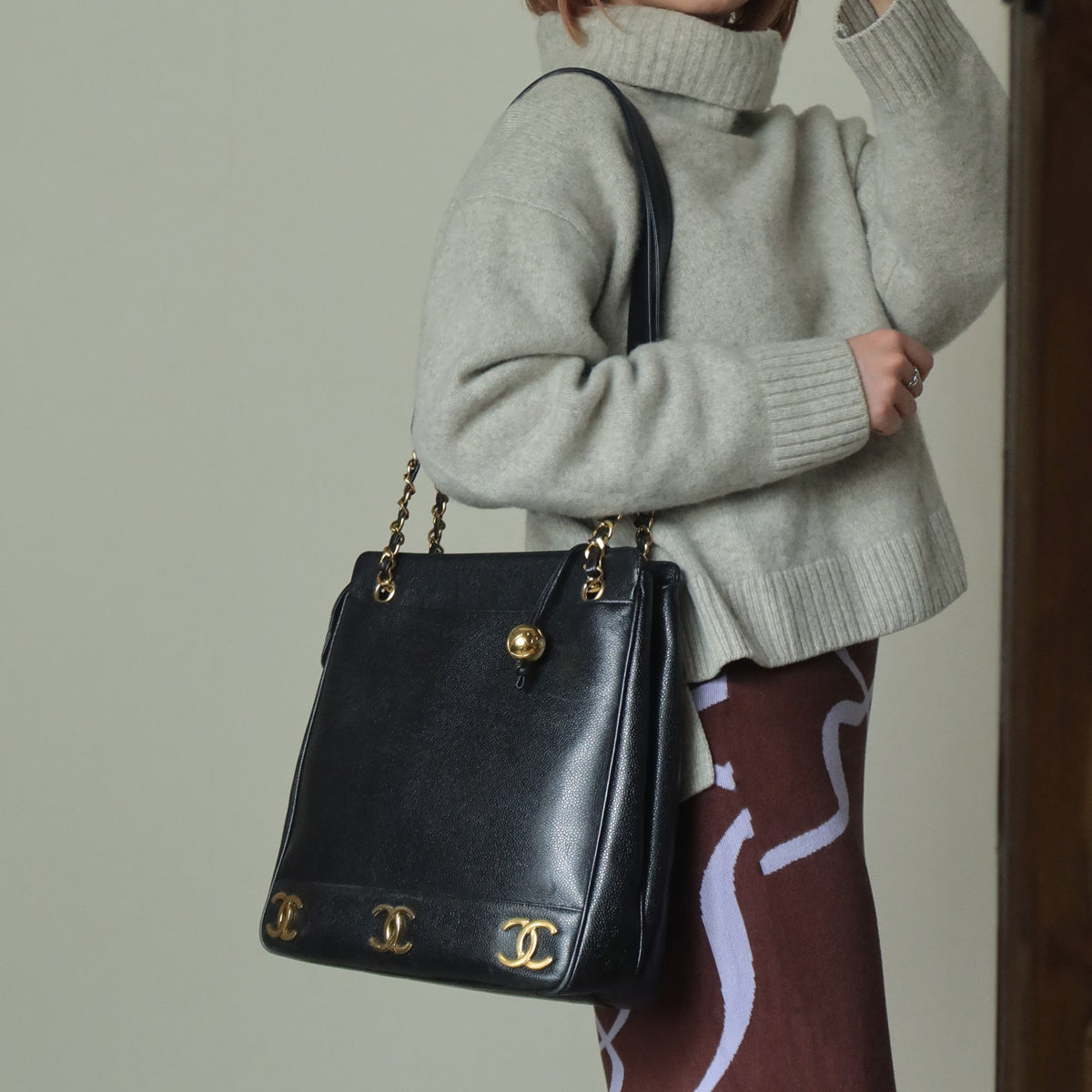 Vintage Chanel Black Caviar 24k Chain Triple CC mark Shoulder Tote Bag