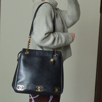 Vintage Chanel Black Caviar 24k Chain Triple CC mark Shoulder Tote Bag