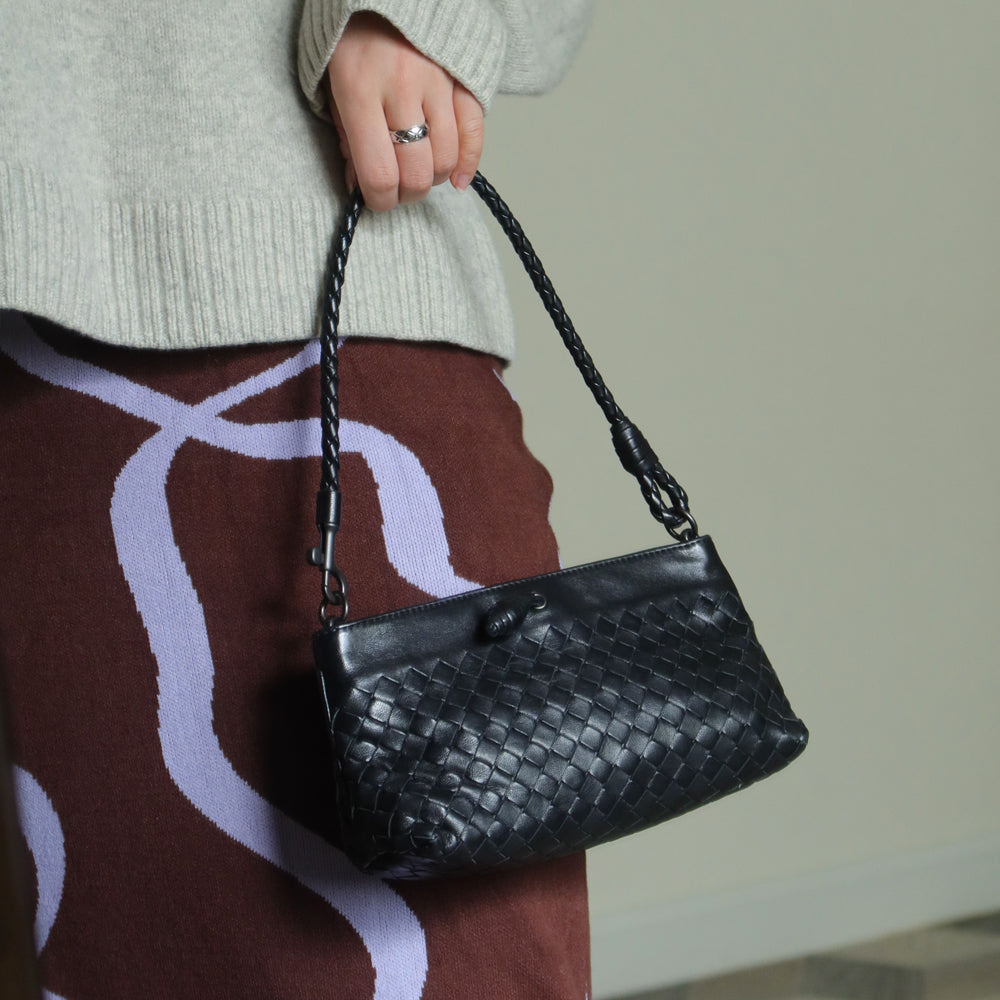 Bottega Veneta Vintage Black Intrecciato Weave Mini Pochette Clutch Shoulder Bag S
