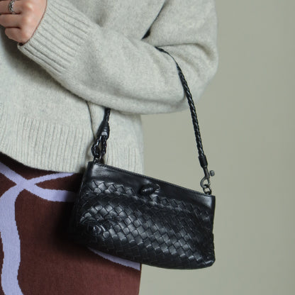 Bottega Veneta Vintage Black Intrecciato Weave Mini Pochette Clutch Shoulder Bag S