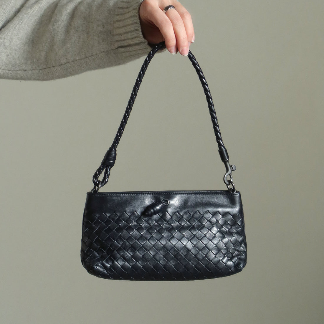 Bottega Veneta Vintage Black Intrecciato Weave Mini Pochette Clutch Shoulder Bag S