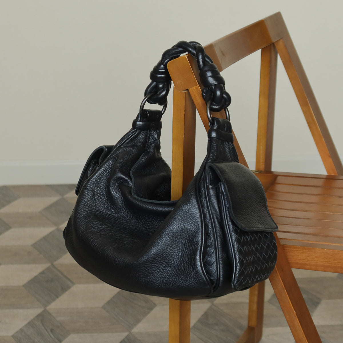 Bottega Veneta Vintage Black Intrecciato Leather Braided Strap Shoulder Bag
