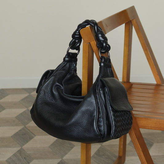 Bottega Veneta Vintage Black Intrecciato Leather Braided Strap Shoulder Bag