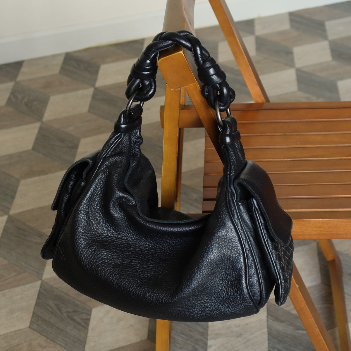 Bottega Veneta Vintage Black Intrecciato Leather Braided Strap Shoulder Bag