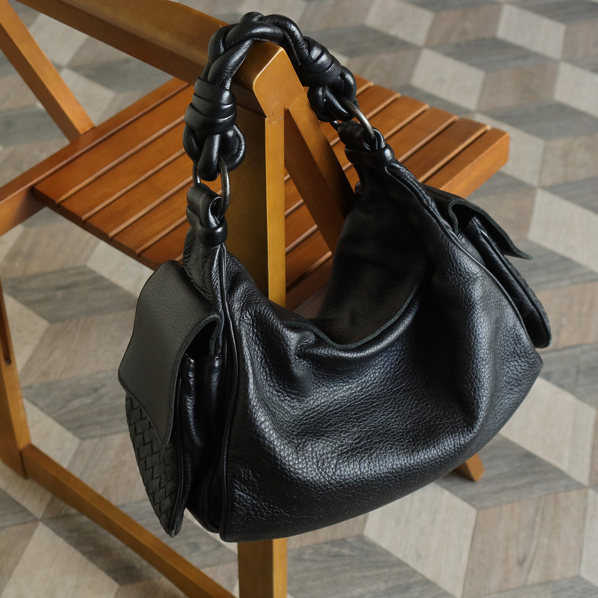 Bottega Veneta Vintage Black Intrecciato Leather Braided Strap Shoulder Bag