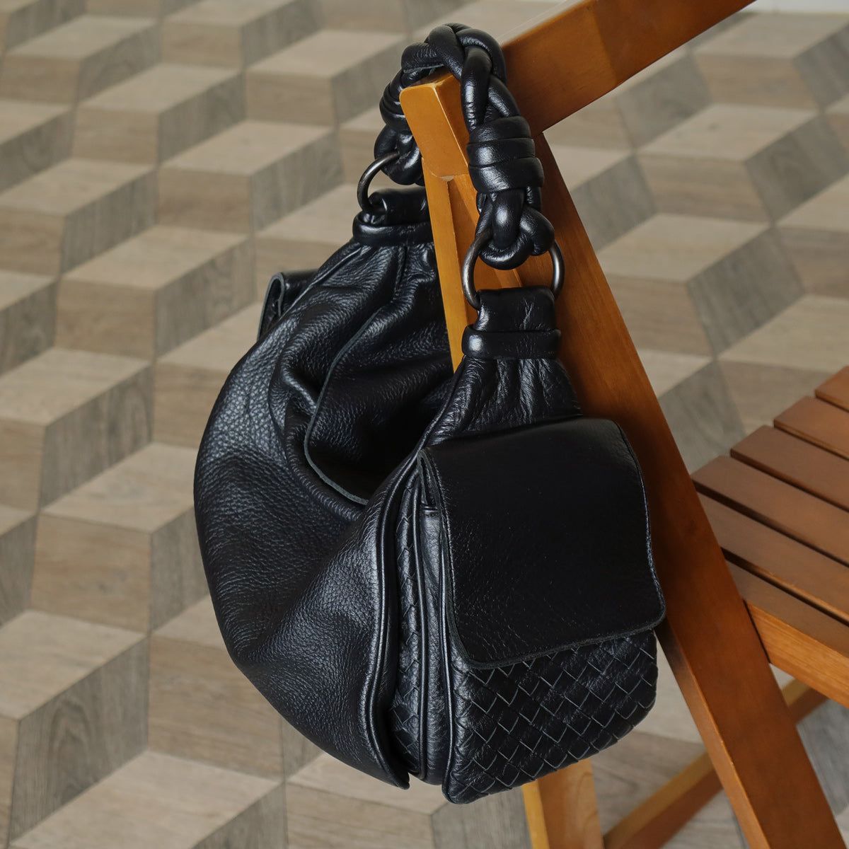 Bottega Veneta Vintage Black Intrecciato Leather Braided Strap Shoulder Bag