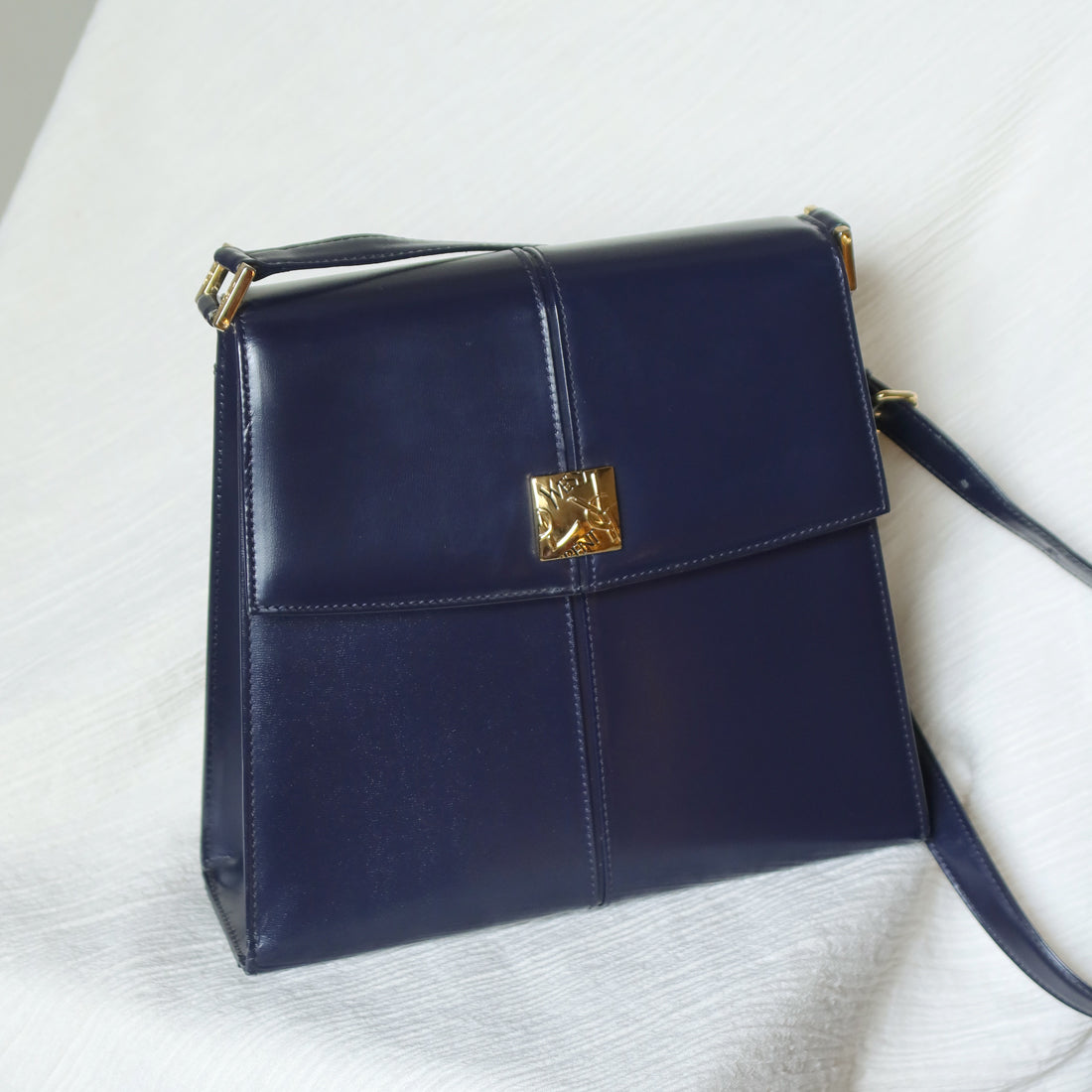 YSL Saint Laurent Vintage Dark Navy Glossy Leather 2way Top Handle Flap Bag