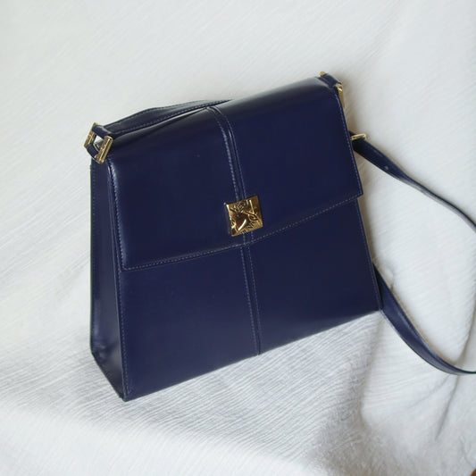 YSL Saint Laurent Vintage Dark Navy Glossy Leather 2way Top Handle Flap Bag