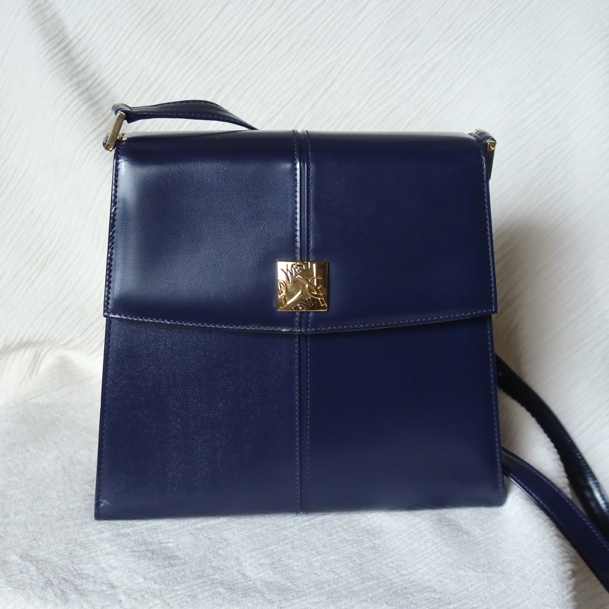 YSL Saint Laurent Vintage Dark Navy Glossy Leather 2way Top Handle Flap Bag