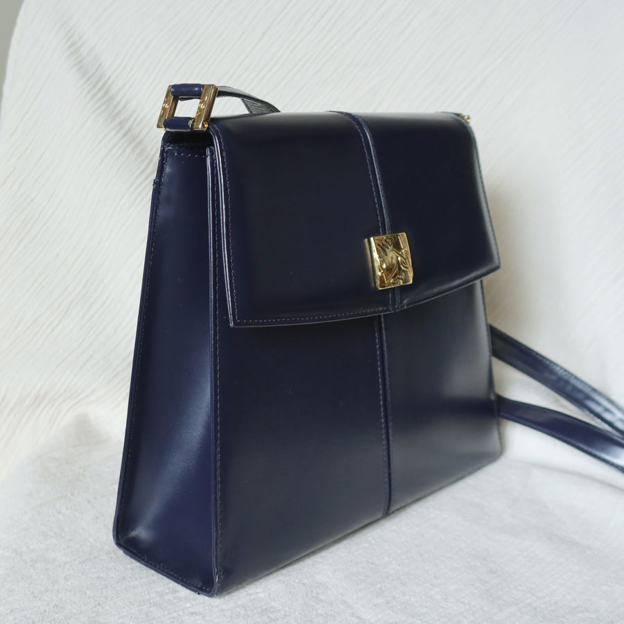 YSL Saint Laurent Vintage Dark Navy Glossy Leather 2way Top Handle Flap Bag