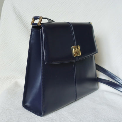 YSL Saint Laurent Vintage Dark Navy Glossy Leather 2way Top Handle Flap Bag